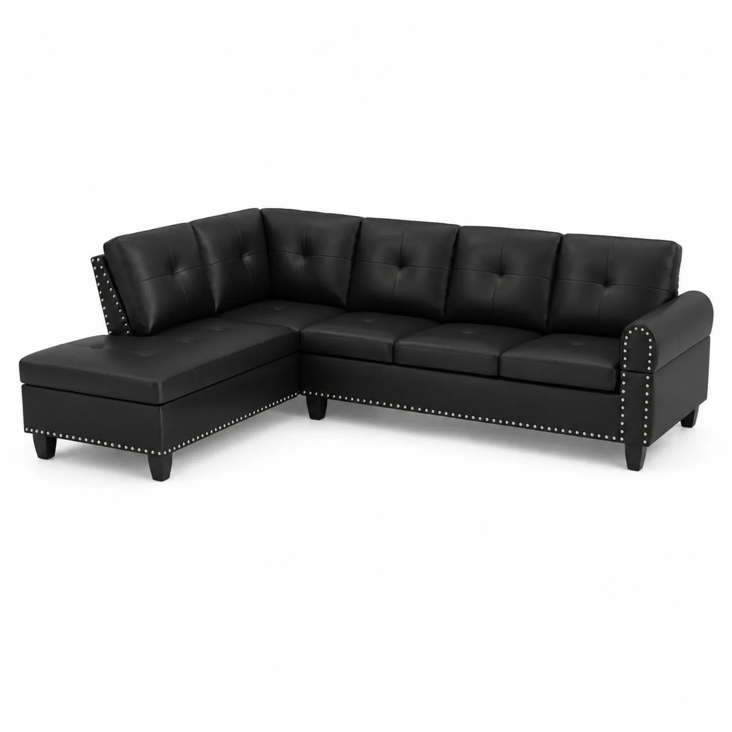 Corner sofa in black faux leather with studs