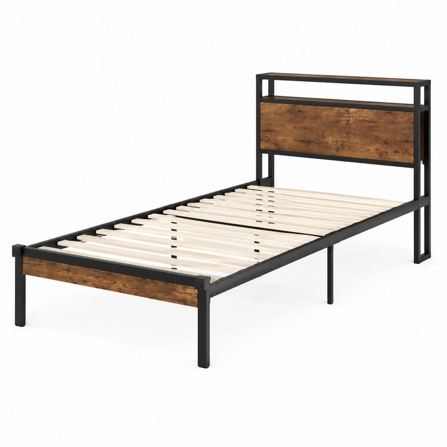 Letto singolo in metallo e legno massello 200x90 cm Nero/Marrone