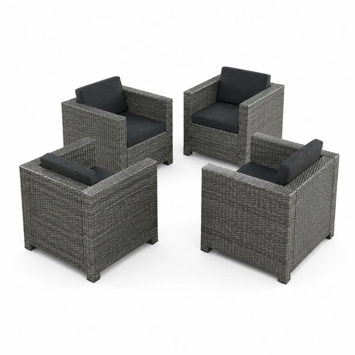 Set di 4 Poltrone da Esterno in Rattan Sintetico Grigio con Cuscini Neri
