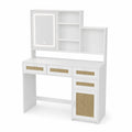 Toeletta in Legno MDF Bianco con Specchio LED e Cassetti in Rattan