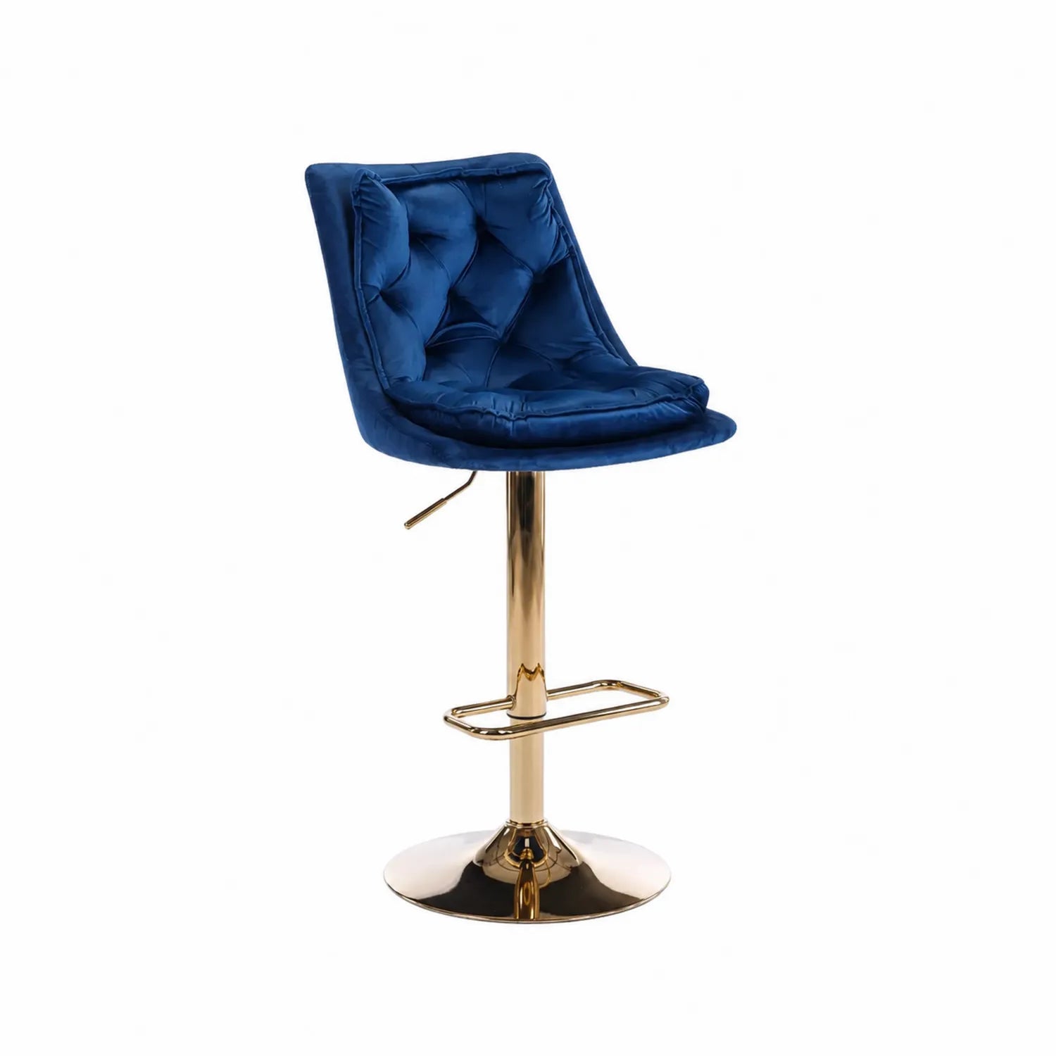 Sgabello in velluto blu con base in metallo dorato