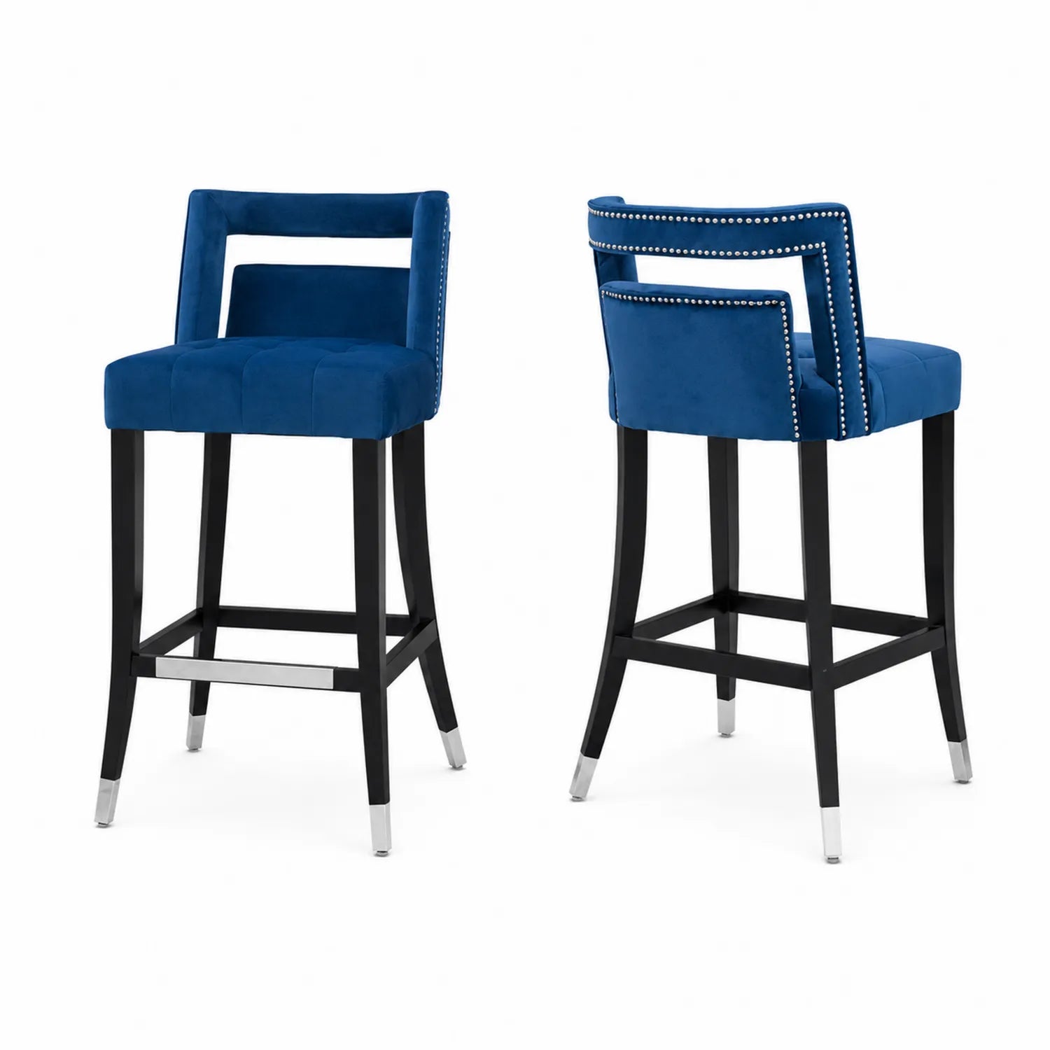 Sgabello da bar in velluto blu con struttura in legno e metallo