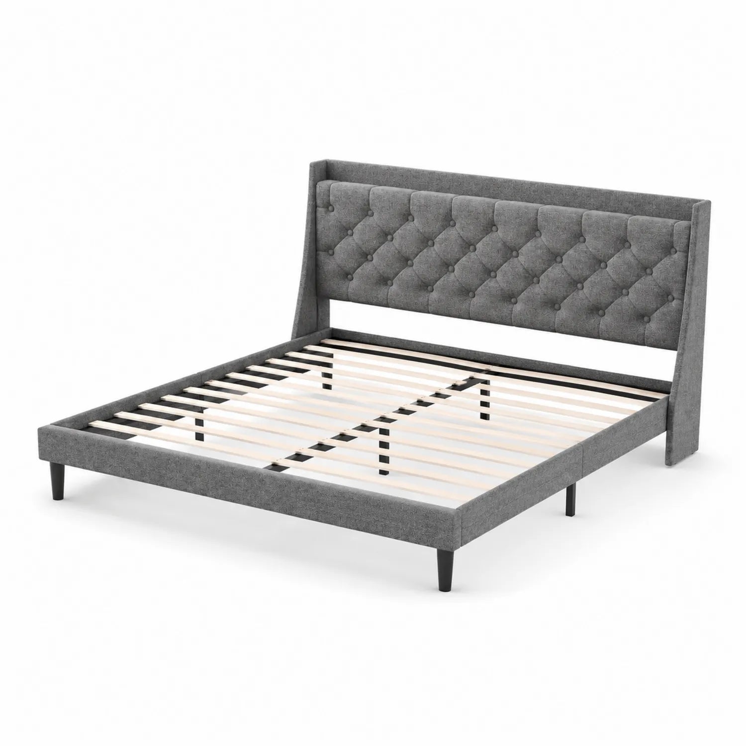 Letto matrimoniale in tessuto grigio con testiera imbottita