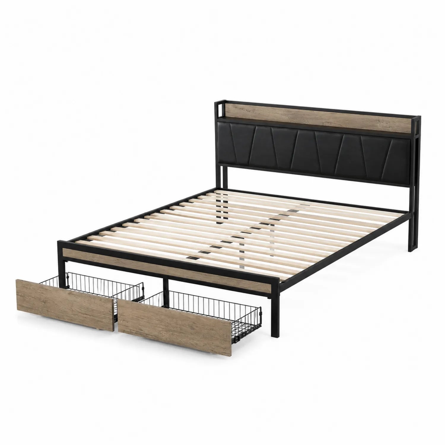 Letto matrimoniale in metallo nero con testiera in similpelle e cassetti in legno