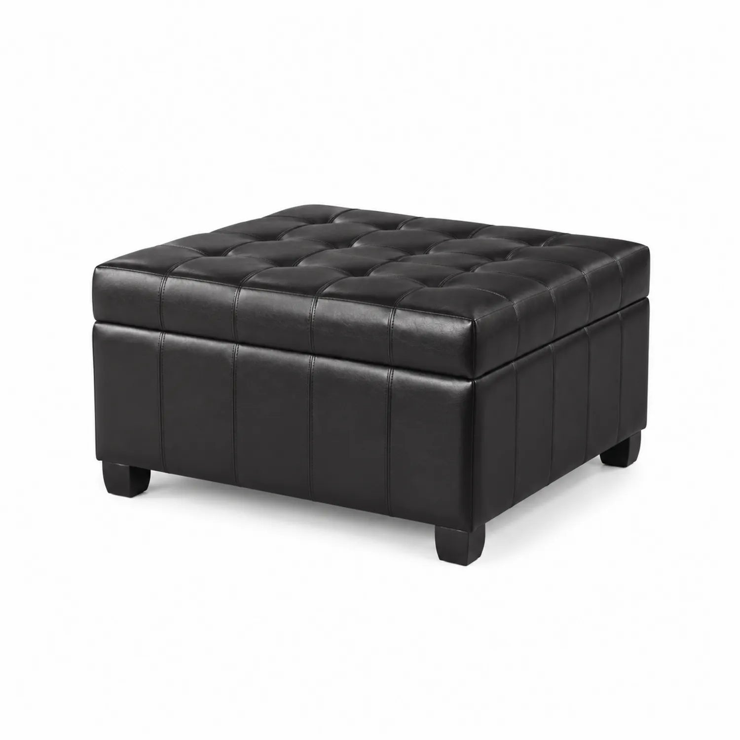 Pouf Quadrato in Pelle Nera con Contenitore