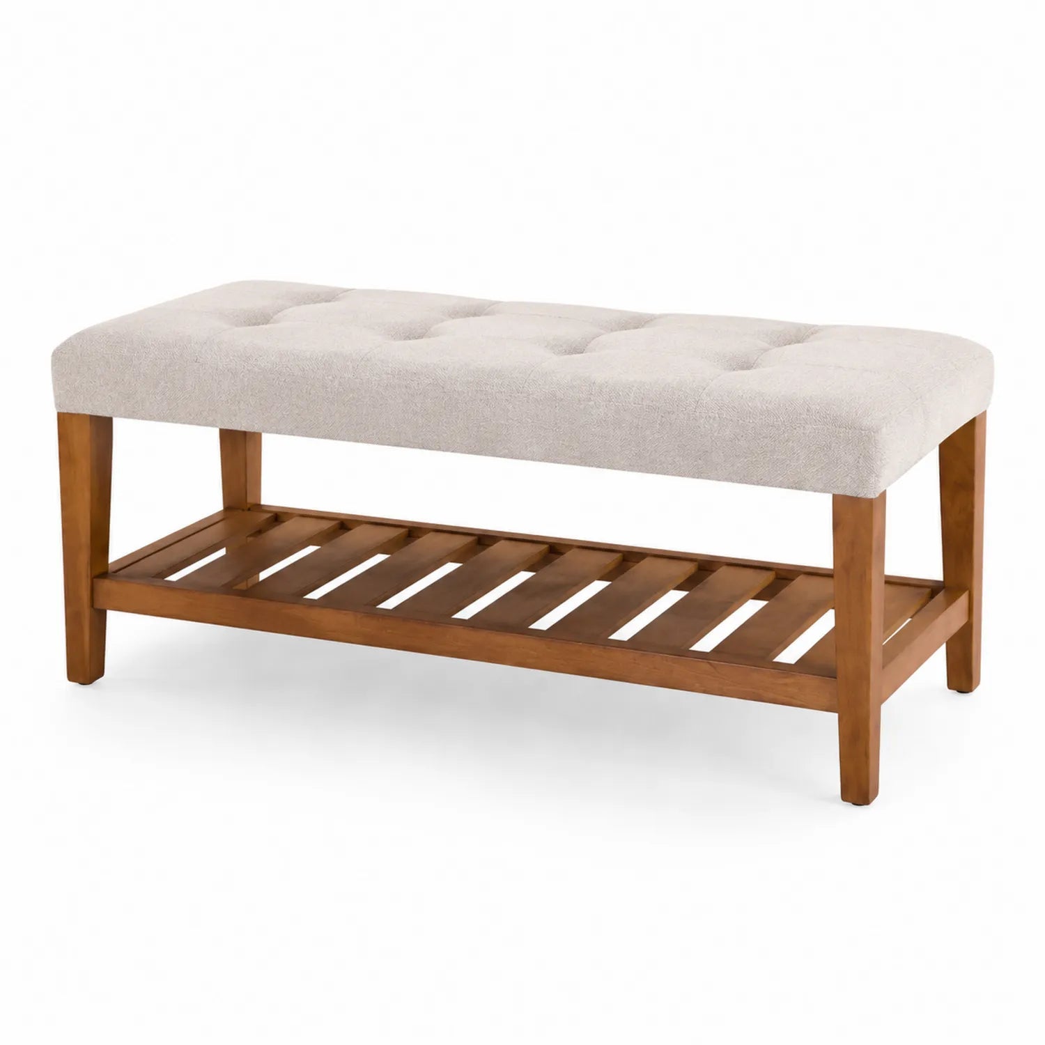 Panca in legno e tessuto beige con ripiano 120x40x45 cm