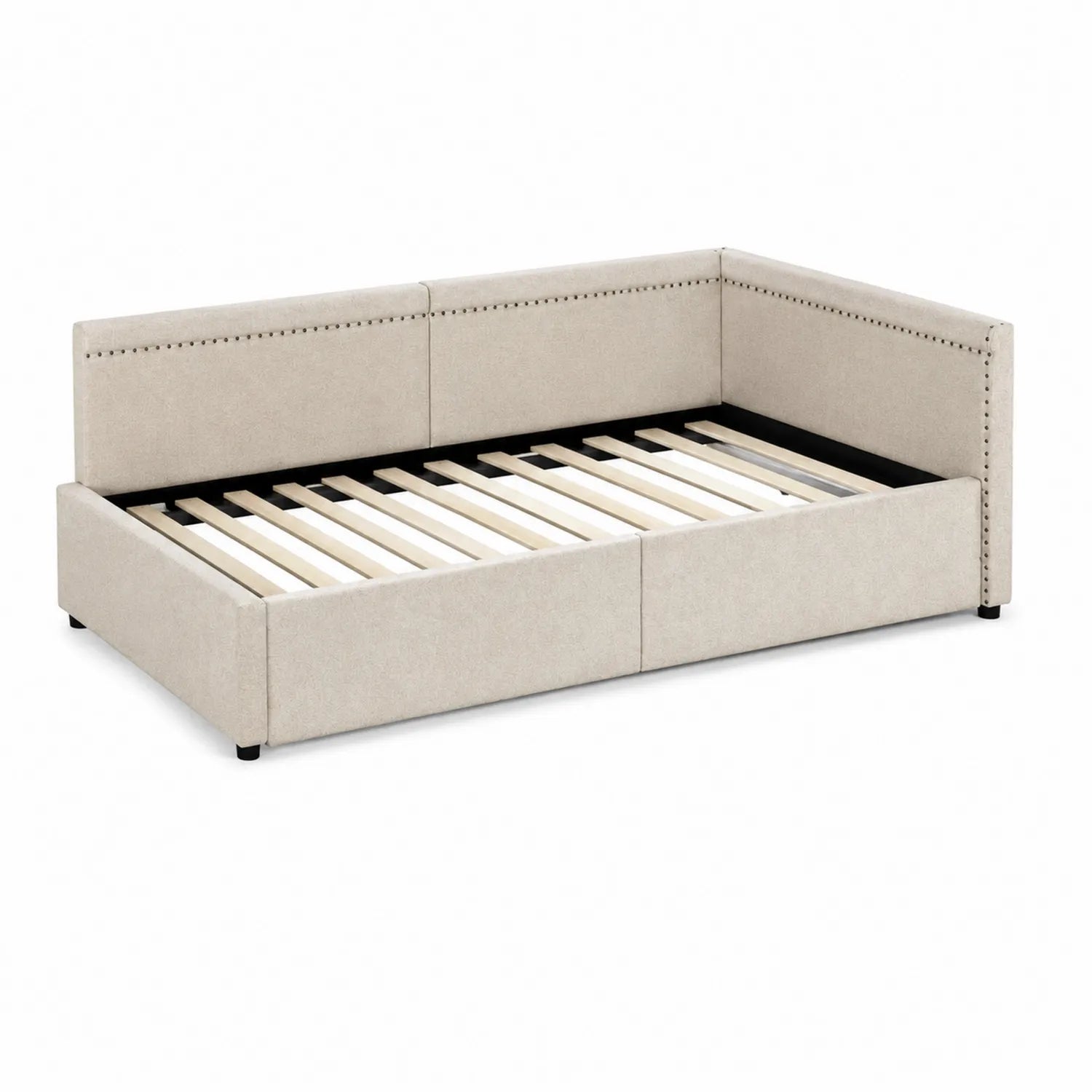 Letto angolare in legno e tessuto beige